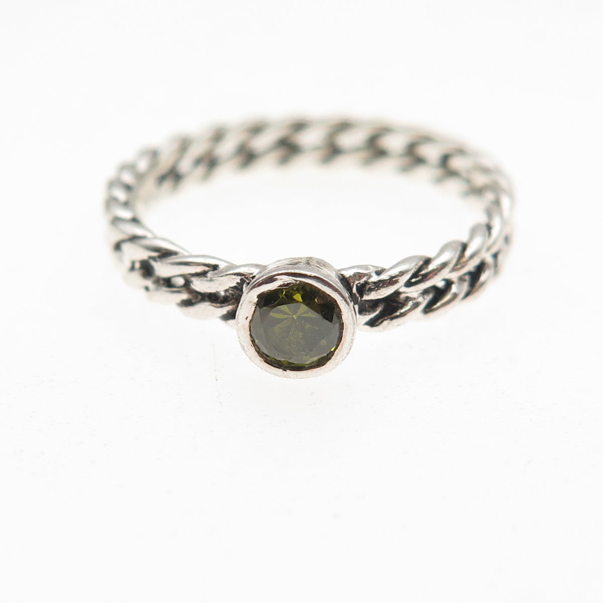 925 Sterling Silver Vintage Real Peridot Oxidized Twisted Ring Size 5.75