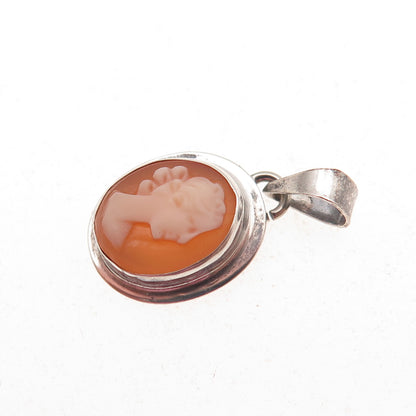 925 Sterling Silver Vintage Real MOP Carved Lady Cameo Oxidized Charm Pendant