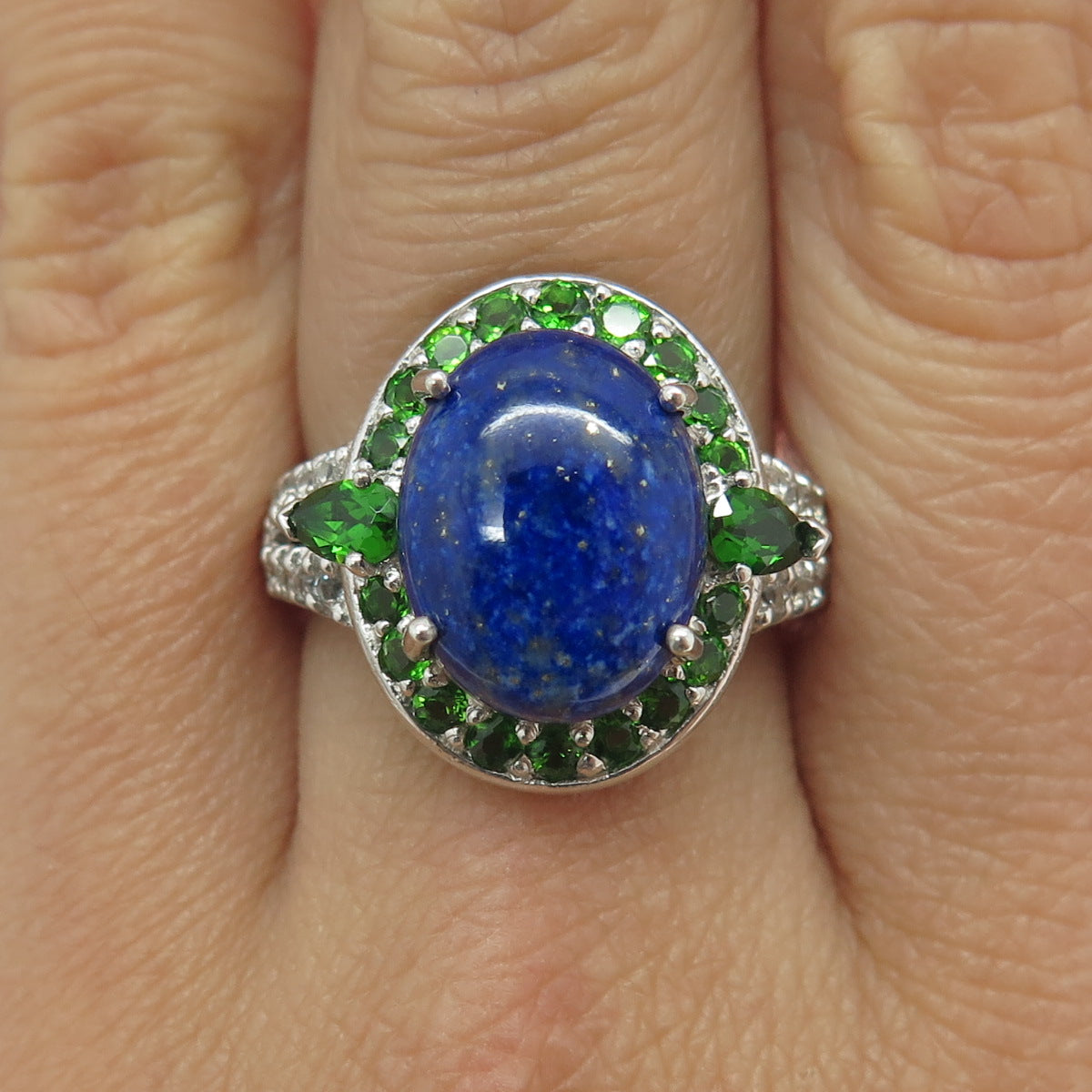 NK SILVER 925 Sterling Silver Lapis Lazuli Peridot White Topaz Gem Ring Size 9