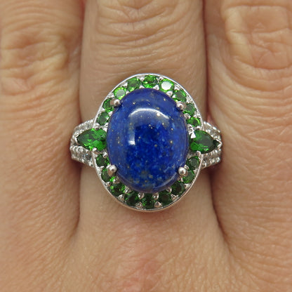 NK SILVER 925 Sterling Silver Lapis Lazuli Peridot White Topaz Gem Ring Size 9