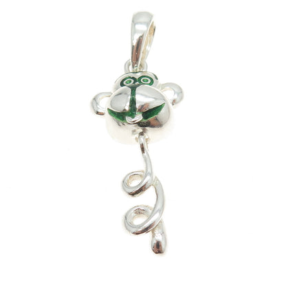 925 Sterling Silver Vintage Italy Green Enamel Monkey Pendant