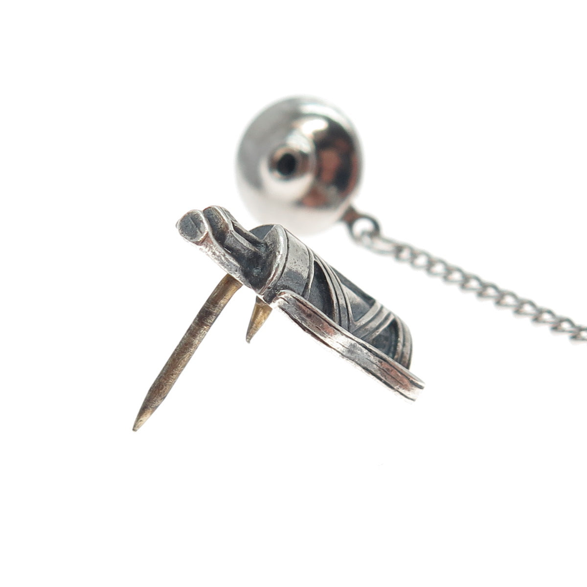 OSTBY & BARTON 925 Sterling Vintage Golf Club Oxidized Tie Tack w/ Button Chain