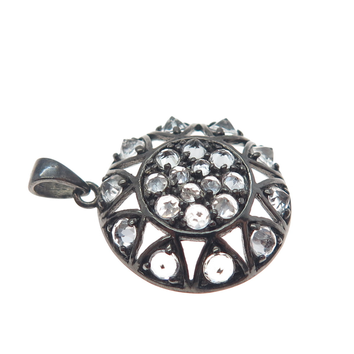 925 Sterling Silver Black Rhodium Real Round-Cut White Topaz Charm Pendant