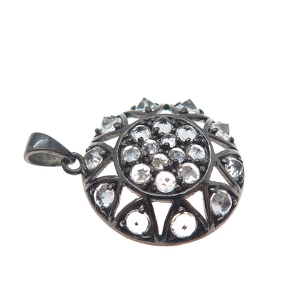 925 Sterling Silver Black Rhodium Real Round-Cut White Topaz Charm Pendant