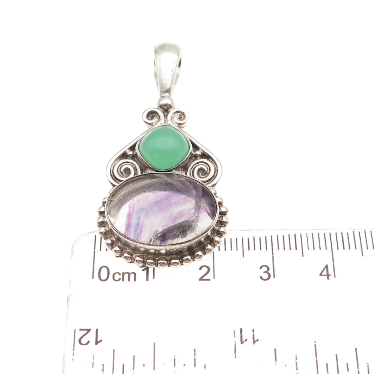 SAJEN 925 Sterling Silver Vintage Real Fluorite & Green Chalcedony Charm Pendant