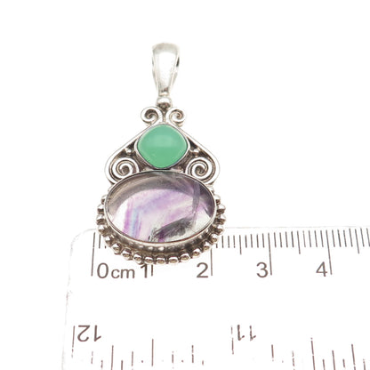 SAJEN 925 Sterling Silver Vintage Real Fluorite & Green Chalcedony Charm Pendant