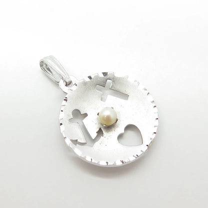 925 Sterling Silver Vintage Theda Real Pearl Anchor Cross Heart Charm Pendant
