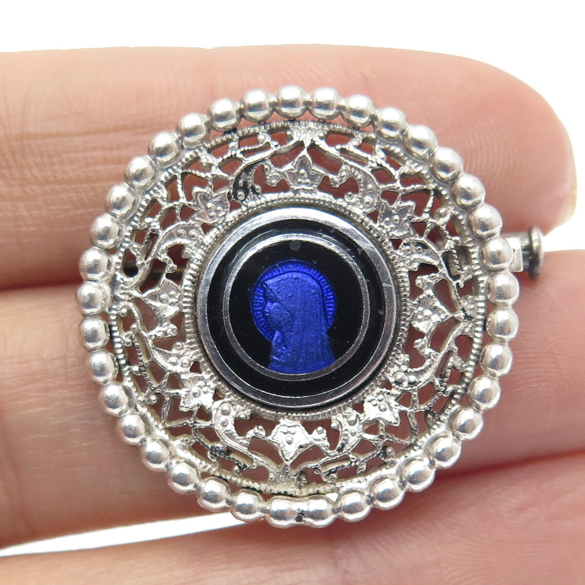 925 Sterling Silver Antique Art Deco Enamel St. Mary Religious Beaded Pin Brooch