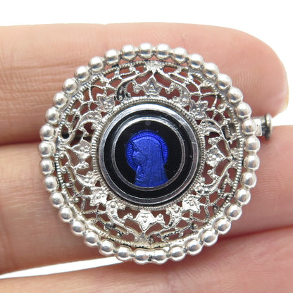 925 Sterling Silver Antique Art Deco Enamel St. Mary Religious Beaded Pin Brooch