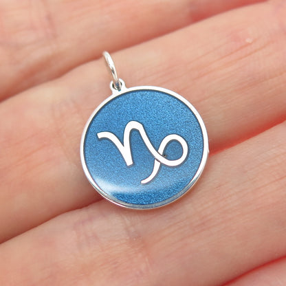 925 Sterling Silver Blue Enamel Capricorn Zodiac Sign Minimalist Charm Pendant