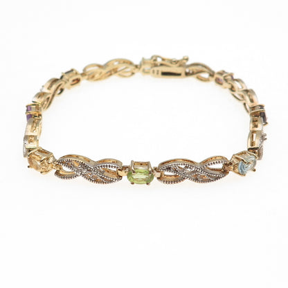 925 Sterling Silver Gold Plated Real Diamond & Multi-Gem Infinity Bracelet 7.25"