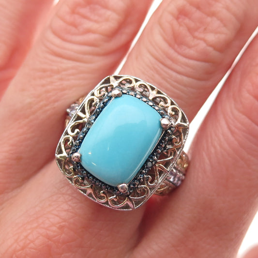 Chuck Clemency Sterling 2-Tone Real Diamond Turquoise & Tanzanite Ring Size 8.25