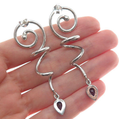 925 Sterling Silver Vintage Real Pear-Cut Amethyst Gem Spiral Dangle Earrings