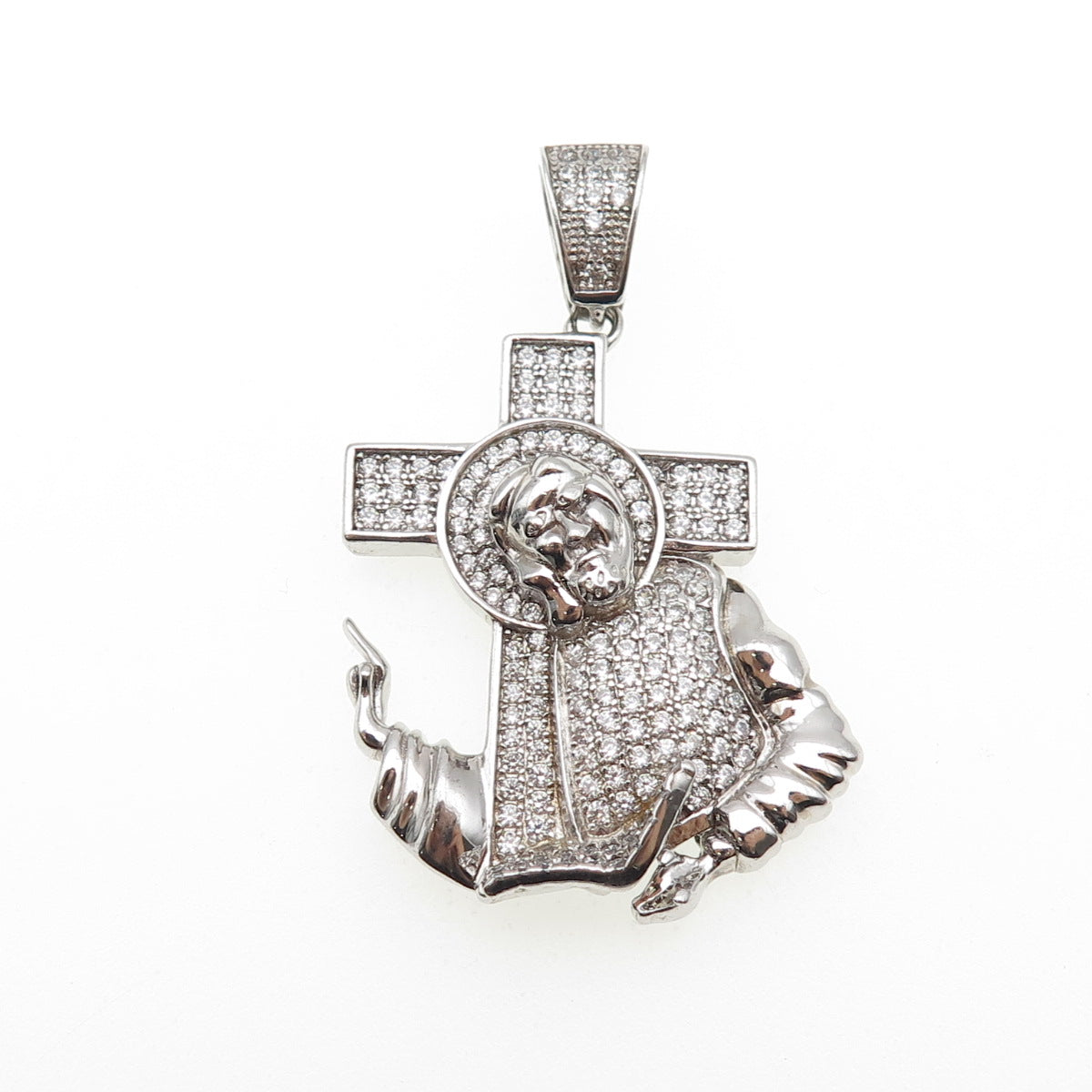 925 Sterling Silver Round-Cut C Z Jesus & Cross Charm Pendant