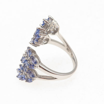 925 Sterling Silver Real Tanzanite & White Topaz Floral Adjustable Ring Size 8