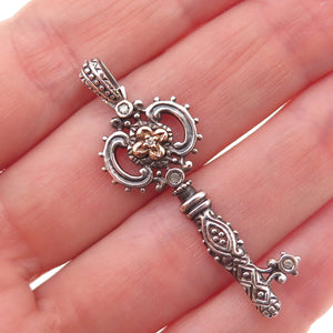 925 Sterling Silver 14K Gold Real Round-Cut Diamond Key of Life Charm Pendant