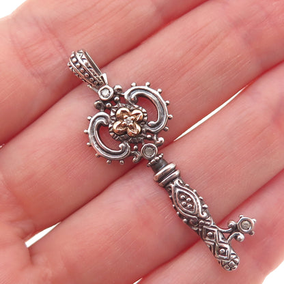 925 Sterling Silver 14K Gold Real Round-Cut Diamond Key of Life Charm Pendant