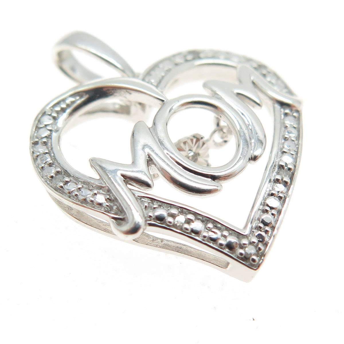 925 Sterling Silver Real Round-Cut Diamond "MOM" Heart Pendant