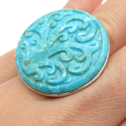 925 Sterling Silver Vintage Real Carved Mountain Turquoise Statement Ring Size 6