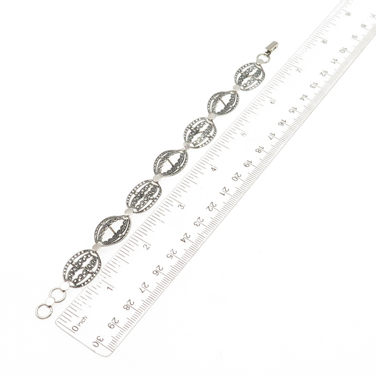 BEAU Sterling Silver Antique Art Deco Petal Filigree Oxidized Link Bracelet 7"