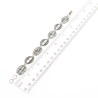 BEAU Sterling Silver Antique Art Deco Petal Filigree Oxidized Link Bracelet 7"