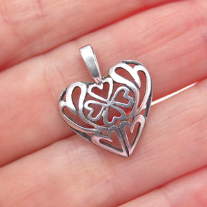 925 Sterling Silver Vintage Clover Heart Oxidized Mini Charm Pendant
