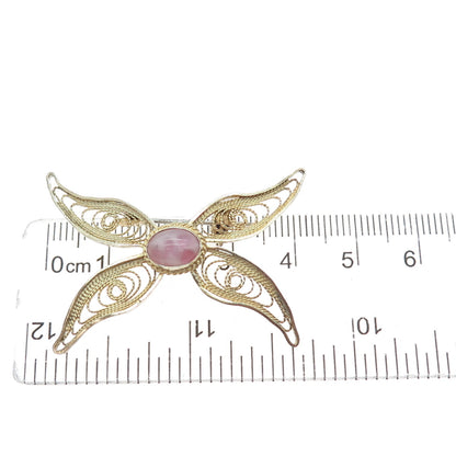 925 Sterling Gold Plated Vintage Israel Real MOP Butterfly Filigree Pin Brooch