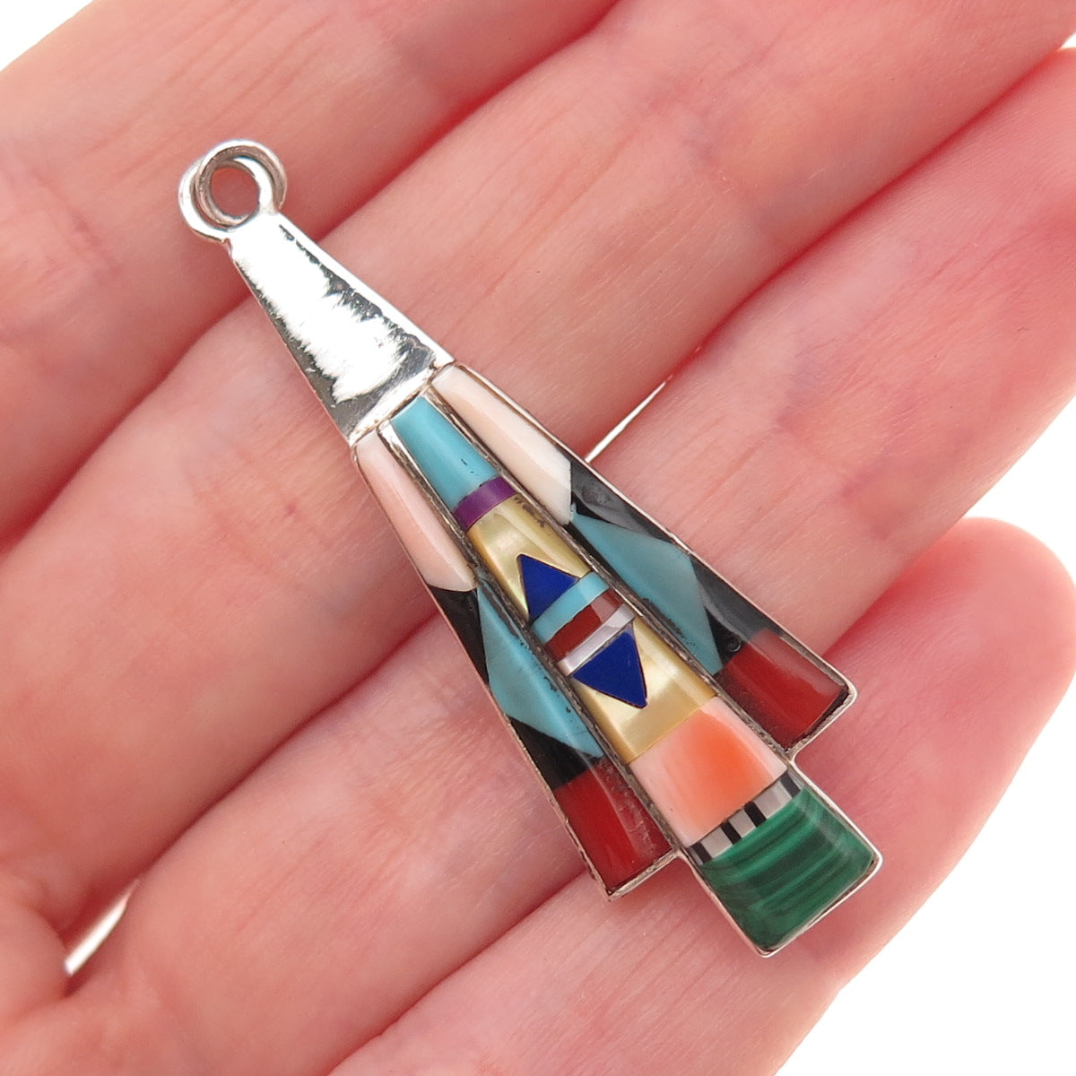 Old Pawn 925 Sterling Turquoise Malachite Sugilite Lapis Coral Onyx MOP Pendant