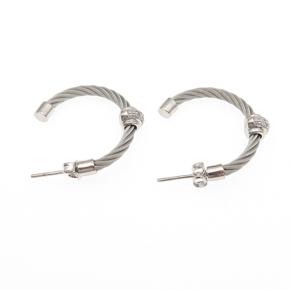 925 Sterling Silver & Steel Real Round-Cut Diamond Hoop Earrings