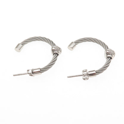 925 Sterling Silver & Steel Real Round-Cut Diamond Hoop Earrings
