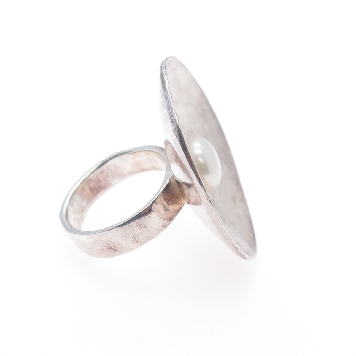925 Sterling Silver Vintage Real Pearl Modernist Statement Ring Size 8