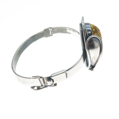 925 Sterling Silver Vintage LL Poland Real Amber Modernist Bangle Bracelet 6.5"