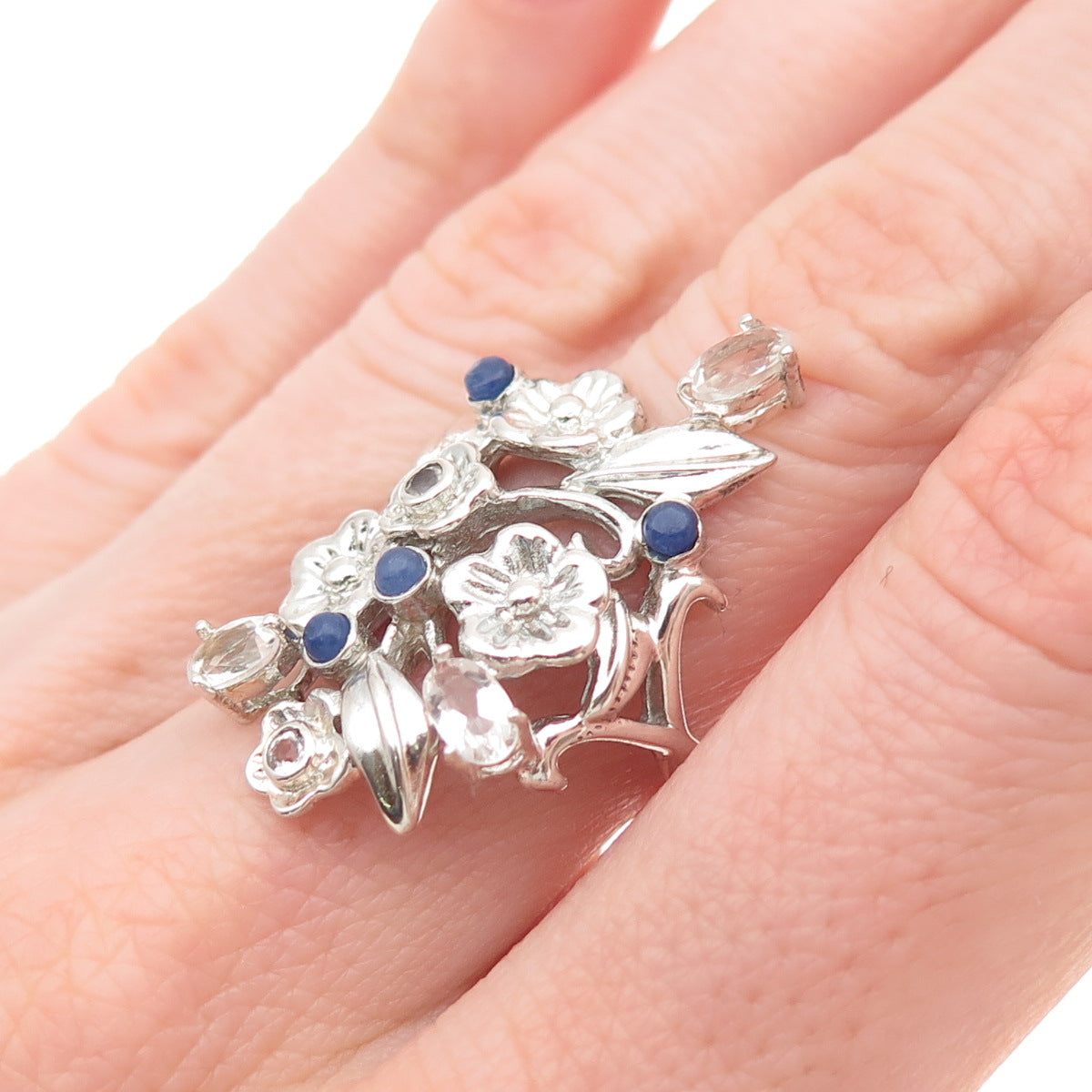 925 Sterling Silver Real Tanzanite & White Topaz Floral Ring Size 7.25
