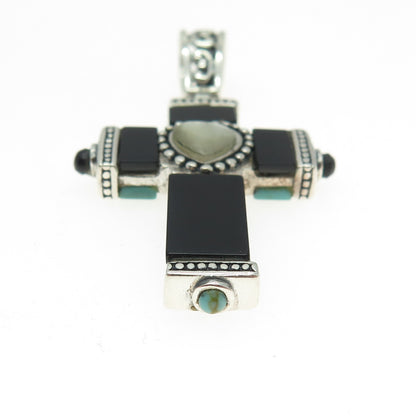 925 Sterling Silver Vintage MOP Black Onyx Turquoise Cross Dual Sided Pendant