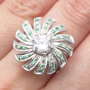 925 Sterling Silver Round-Cut Tsavorite & White C Z Modernist Flower Ring Size 8