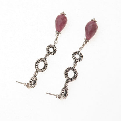 925 Sterling Silver Vintage Real Rhodonite Circle Link Oxidized Dangle Earrings
