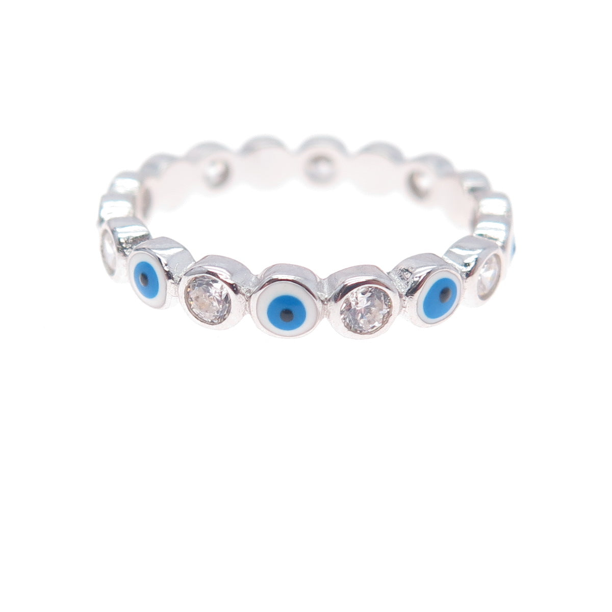 925 Sterling Silver Enamel & C Z Evil's Eye All Around Band Ring Size 7