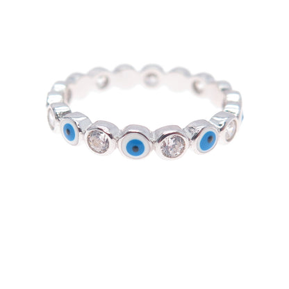 925 Sterling Silver Enamel & C Z Evil's Eye All Around Band Ring Size 7