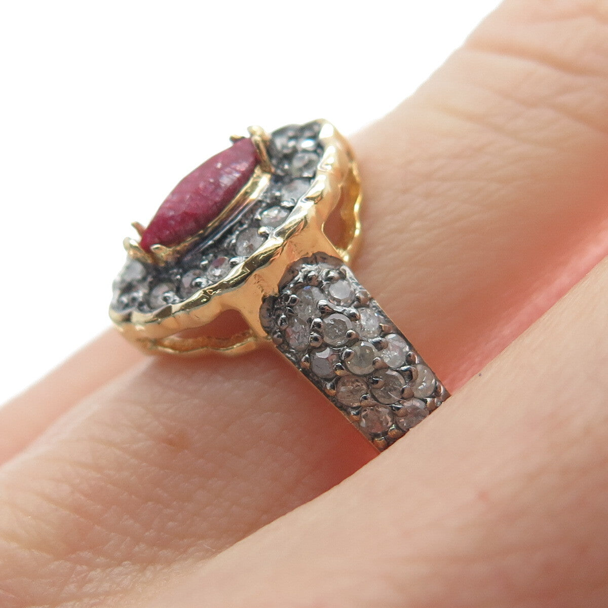 925 Sterling Silver Gold Plated Real Round-Cut Diamond & Ruby Ring Size 9.25