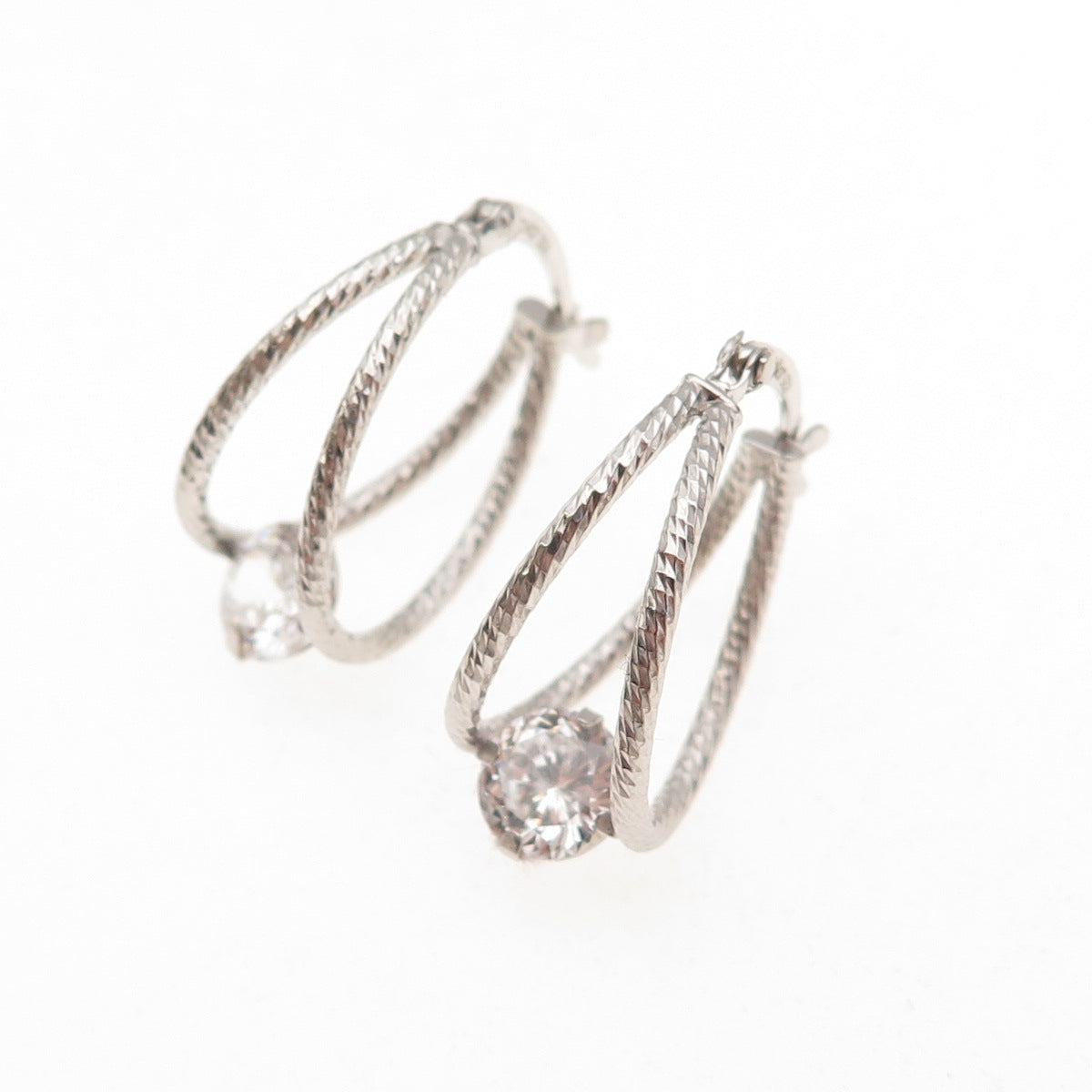 925 Sterling Silver Round-Cut C Z Hoop Earrings