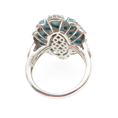 Chuck Clemency 925 Sterling Silver Real Turquoise White Topaz Floral Ring Size 8