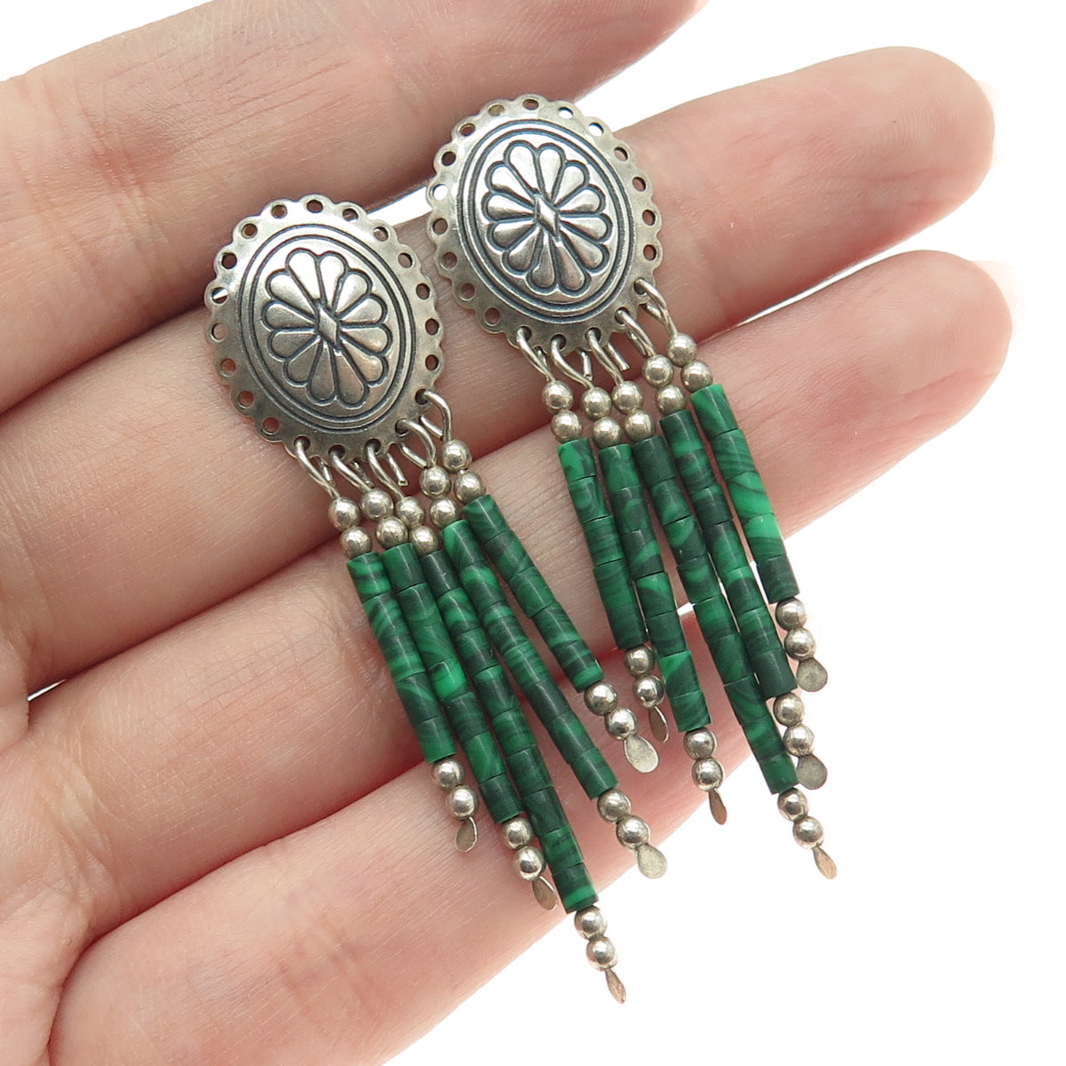 925 Sterling Silver Vintage Real Malachite Gemstone Tribal Dangling Earrings