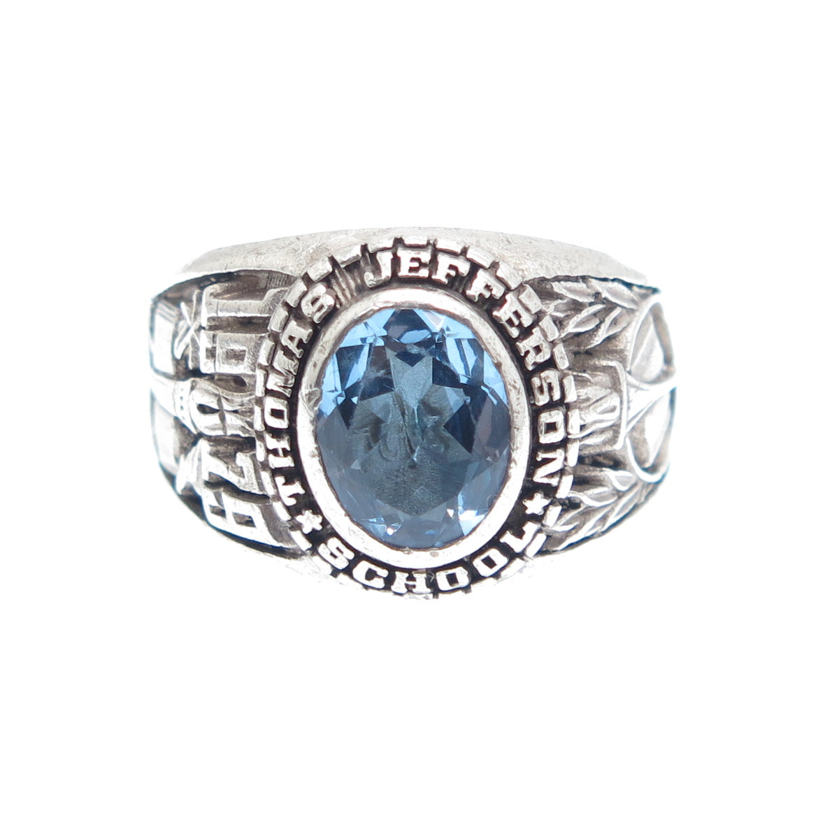 925 Sterling Vintage 1979 Real Blue Topaz Thomas Jefferson School Ring Size 8.25