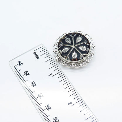 925 Sterling Silver Vintage Mexico Black Onyx Gemstone Ornate Brooch / Pendant