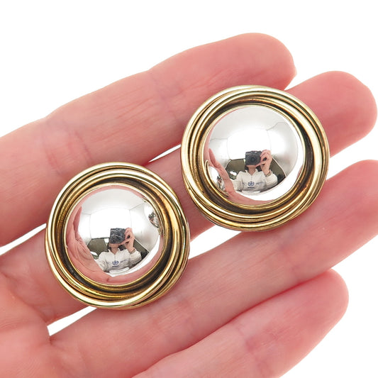 925 Sterling 2-Tone Vintage Mexico Modernist Trinity Dome Clip On Earrings