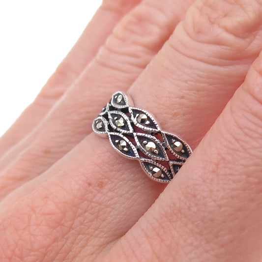 925 Sterling Silver Vintage Real Marcasite 3-Row Oxidized Ring Size 8