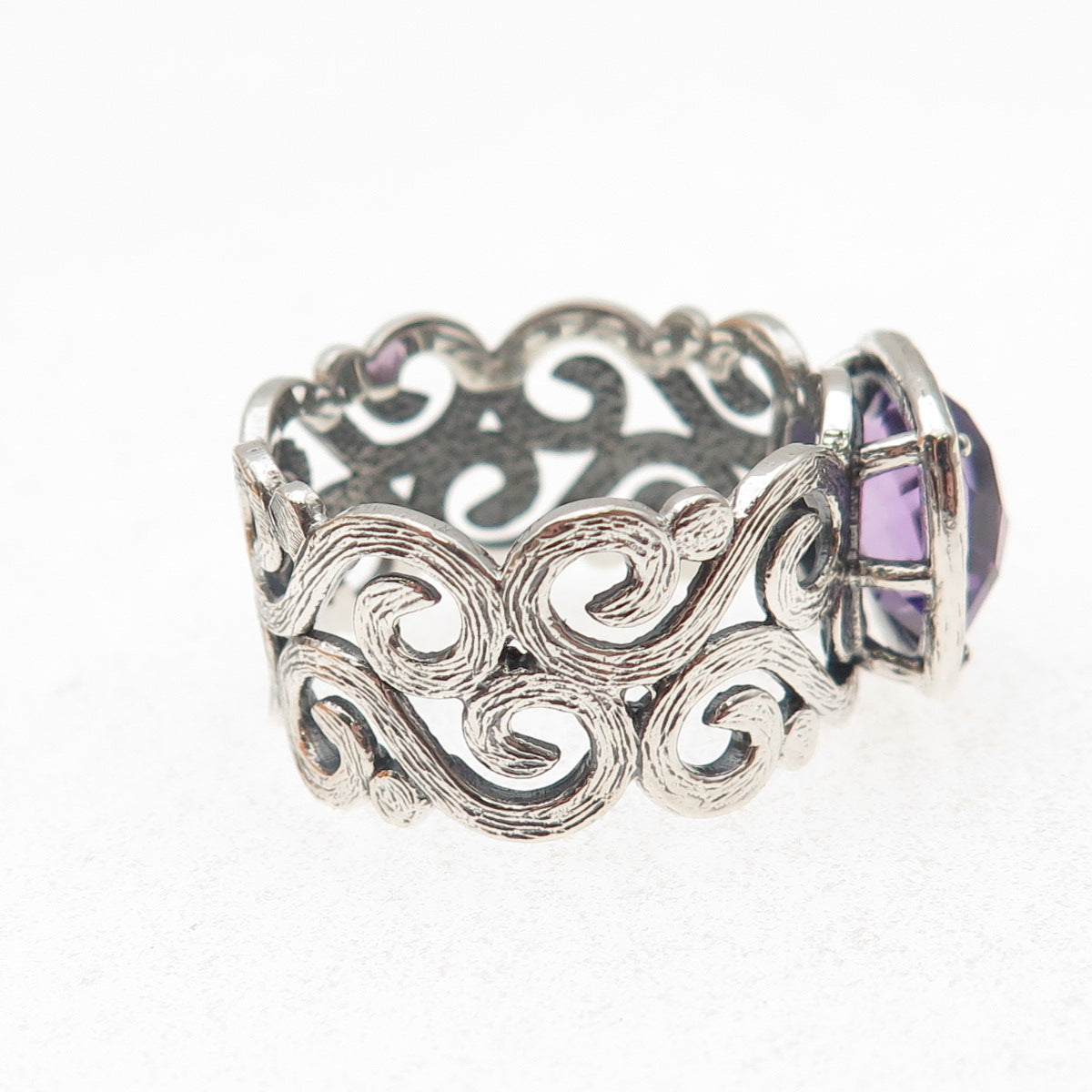 925 Sterling Silver Vintage Israel Real Amethyst Swirl Oxidized Ring Size 10