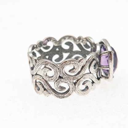 925 Sterling Silver Vintage Israel Real Amethyst Swirl Oxidized Ring Size 10