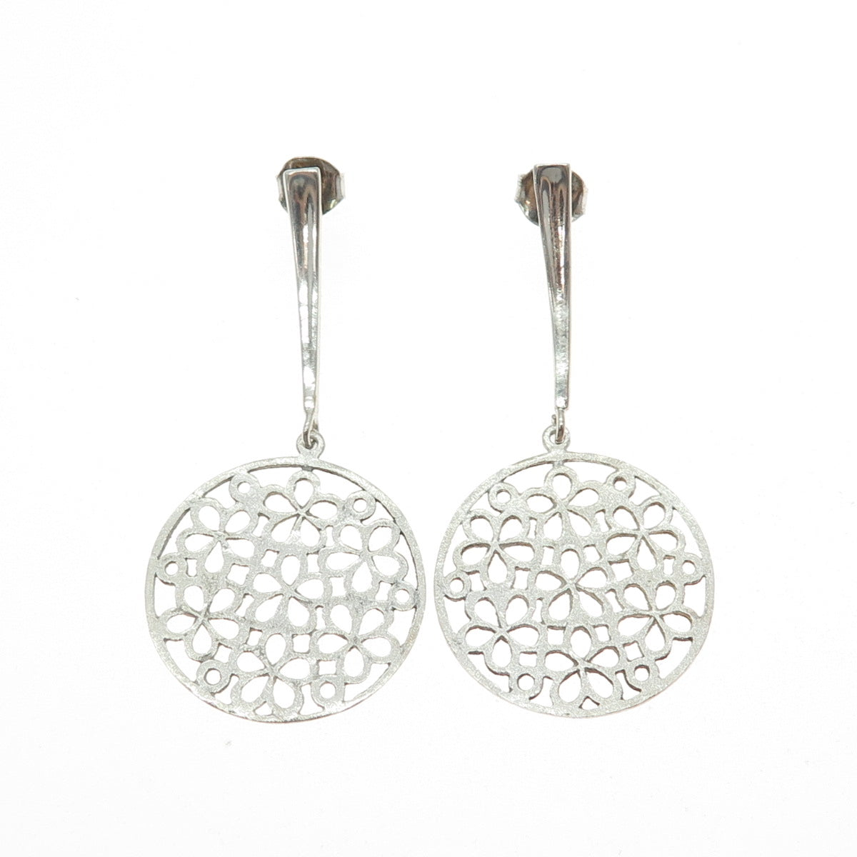 925 Sterling Silver Vintage Flower Disc Dangle Earrings