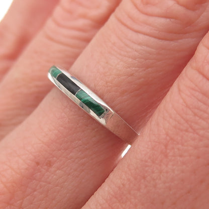 Old Pawn 925 Sterling Silver Vintage Black Onyx Malachite Tribal Ring Size 7.25